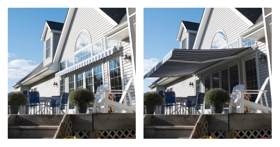 Side-by-side comparison of a home's deck with a blue and white striped retractable awning by Screenmobile.