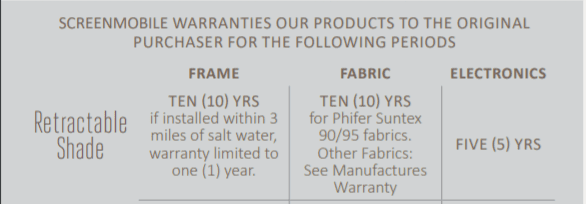 Screenmobile retractable shade warranties- frame 10 years, fabrid: 10 years, and Electronics: 5 years.