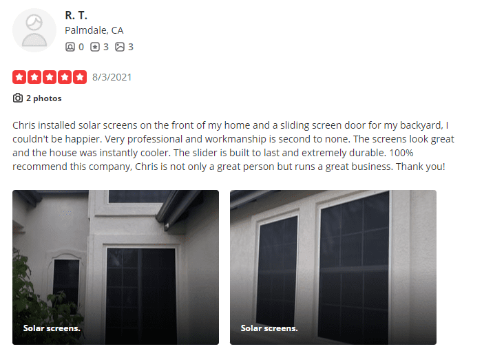 Screenmobile review from Yelp. 5 star experience with screenmobile solar screens.