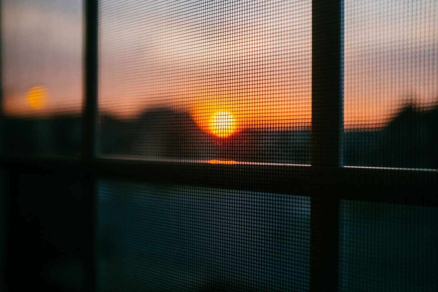 View of the sunset through a window screen