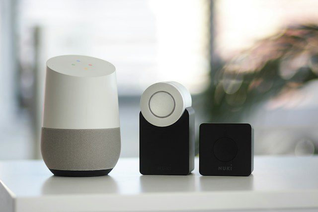A Google Home smart speaker is paired with a Nuki Smart Lock, showcasing a contemporary smart home system.